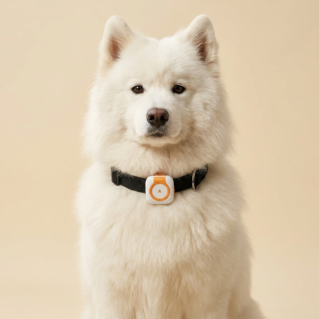Samoyede portant le traceur GPS Pawluxe Blanc & Orange