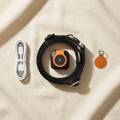 Contenu de la boite - traceur GPS Pawluxe, collier et cable USB-C