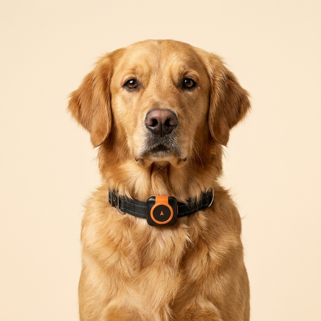 Portrait golden retriever portant le traceur GPS Pawluxe